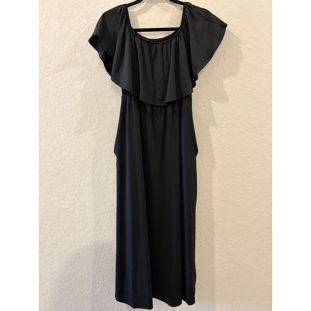 Black Off the Shoulder Ruffle Maxi Dress with Pockets and Side Slits Size M